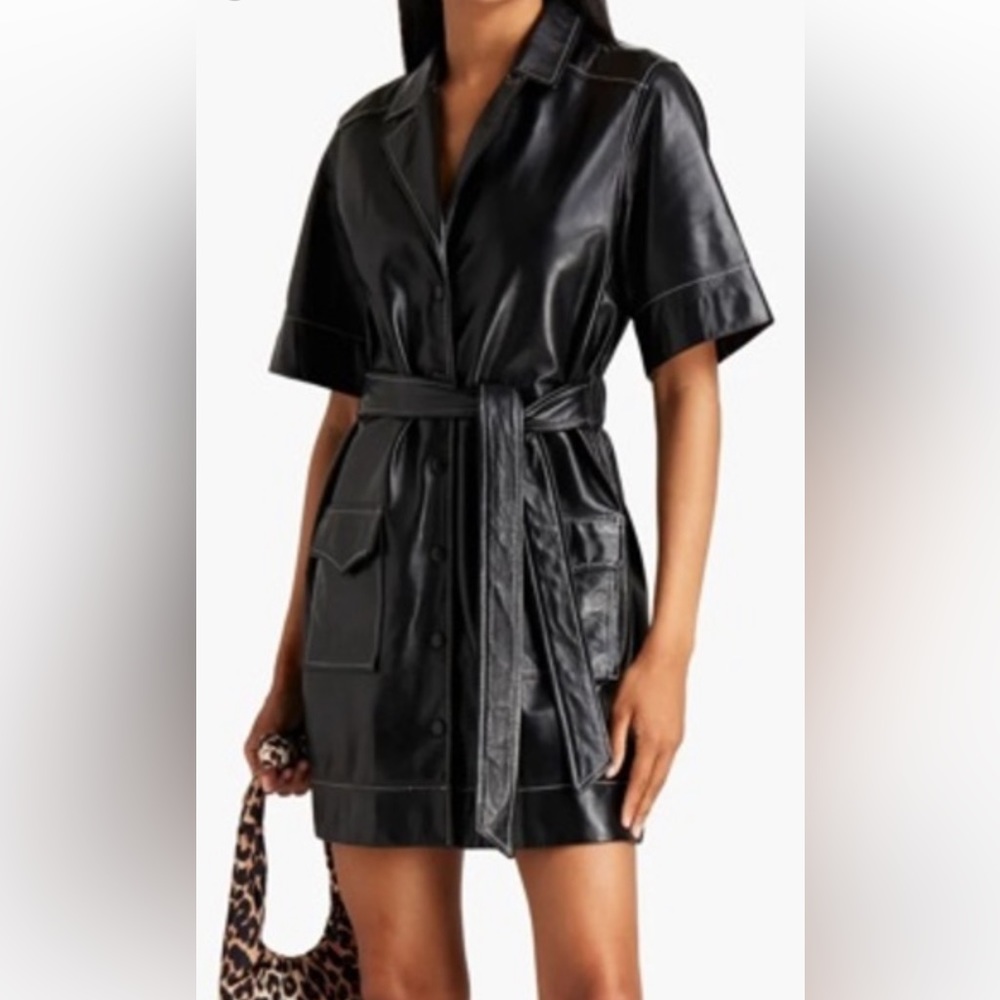 Ganni belted leather mini dress - size 6